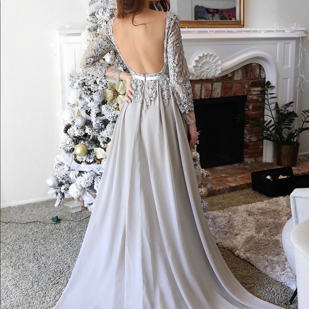 Lace Appliqué Maxi Dress in Silver Gray - Picture 3 of 6